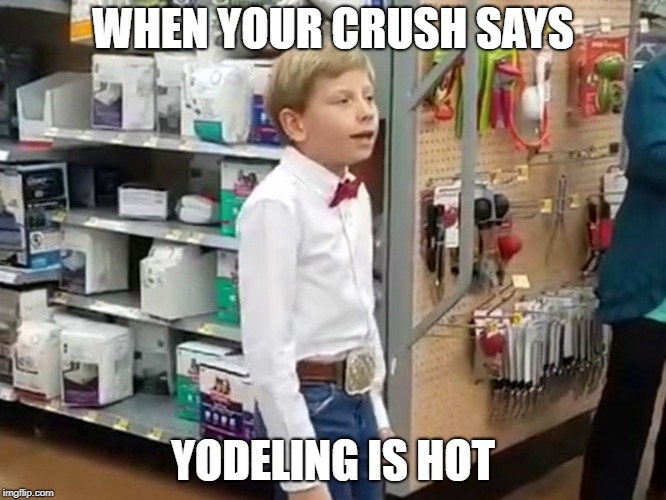 Walmart Kid | WHEN YOUR CRUSH SAYS; YODELING IS HOT | image tagged in walmart kid | made w/ Imgflip meme maker