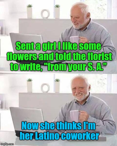 Hide the Pain Harold Meme | Sent a girl I like some flowers and told the florist to write, "from your S. A."; Now she thinks I'm her Latino coworker | image tagged in memes,hide the pain harold | made w/ Imgflip meme maker
