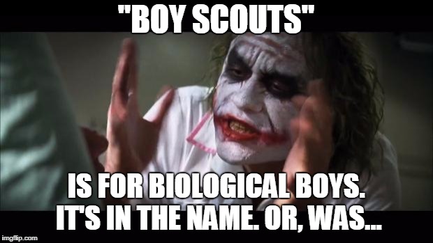 Boy scouts | "BOY SCOUTS"; IS FOR BIOLOGICAL BOYS. IT'S IN THE NAME. OR, WAS... | image tagged in memes,and everybody loses their minds,funny,boy scouts,gender | made w/ Imgflip meme maker