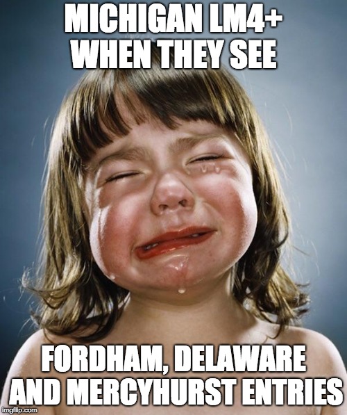 Crybaby | MICHIGAN LM4+ WHEN THEY SEE; FORDHAM, DELAWARE AND MERCYHURST ENTRIES | image tagged in crybaby | made w/ Imgflip meme maker