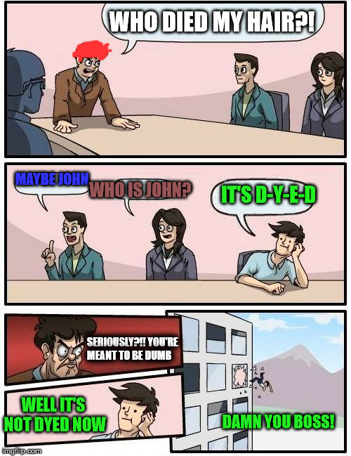 Boardroom Meeting Suggestion | WHO DIED MY HAIR?! MAYBE JOHN; WHO IS JOHN? IT'S D-Y-E-D; SERIOUSLY?!! YOU'RE  MEANT TO BE DUMB; WELL IT'S NOT DYED NOW; DAMN YOU BOSS! | image tagged in memes,boardroom meeting suggestion | made w/ Imgflip meme maker