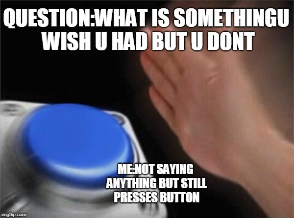 Blank Nut Button | QUESTION:WHAT IS SOMETHINGU WISH U HAD BUT U DONT; ME:NOT SAYING ANYTHING BUT STILL PRESSES BUTTON | image tagged in memes,blank nut button | made w/ Imgflip meme maker