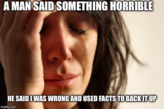 What a tragedy  | A MAN SAID SOMETHING HORRIBLE; HE SAID I WAS WRONG AND USED FACTS TO BACK IT UP | image tagged in memes,first world problems,feminism | made w/ Imgflip meme maker