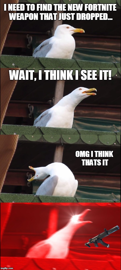 Inhaling Seagull Meme | I NEED TO FIND THE NEW FORTNITE WEAPON THAT JUST DROPPED... WAIT, I THINK I SEE IT! OMG I THINK THATS IT | image tagged in memes,inhaling seagull | made w/ Imgflip meme maker