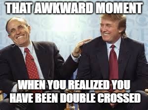 donald trump rudy giuliani | THAT AWKWARD MOMENT; WHEN YOU REALIZED YOU HAVE BEEN DOUBLE CROSSED | image tagged in donald trump rudy giuliani | made w/ Imgflip meme maker