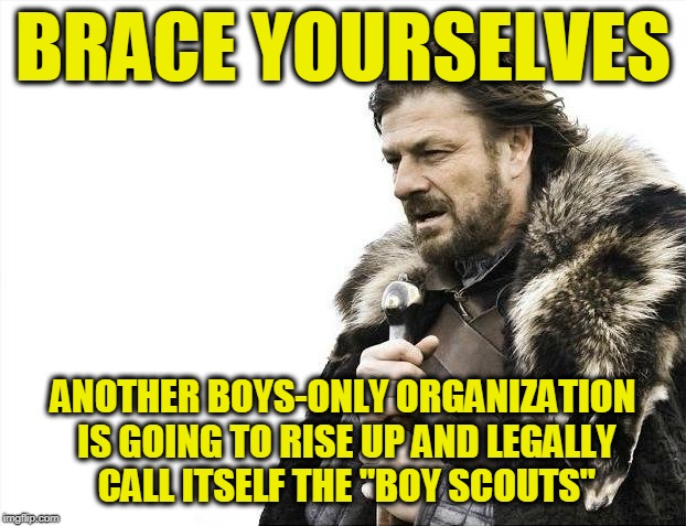 Brace Yourselves X is Coming | BRACE YOURSELVES; ANOTHER BOYS-ONLY ORGANIZATION IS GOING TO RISE UP AND LEGALLY CALL ITSELF THE "BOY SCOUTS" | image tagged in memes,brace yourselves x is coming | made w/ Imgflip meme maker