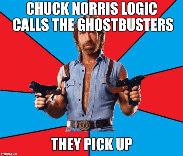 Chuck Norris With Guns Meme | CHUCK NORRIS LOGIC CALLS THE GHOSTBUSTERS; THEY PICK UP | image tagged in memes,chuck norris with guns,chuck norris | made w/ Imgflip meme maker