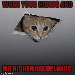 Ceiling Cat Meme | WHEN YOUR HIDING AND; MR NIGHTMARE UPLOADS | image tagged in memes,ceiling cat | made w/ Imgflip meme maker