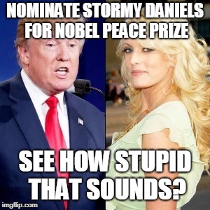 NOMINATE STORMY DANIELS FOR NOBEL PEACE PRIZE; SEE HOW STUPID THAT SOUNDS? | made w/ Imgflip meme maker