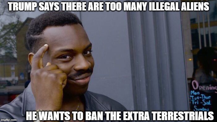 No Problems, Only Solutions | TRUMP SAYS THERE ARE TOO MANY ILLEGAL ALIENS; HE WANTS TO BAN THE EXTRA TERRESTRIALS | image tagged in memes,roll safe think about it | made w/ Imgflip meme maker