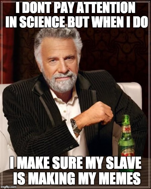 The Most Interesting Man In The World Meme | I DONT PAY ATTENTION IN SCIENCE BUT WHEN I DO; I MAKE SURE MY SLAVE IS MAKING MY MEMES | image tagged in memes,the most interesting man in the world | made w/ Imgflip meme maker