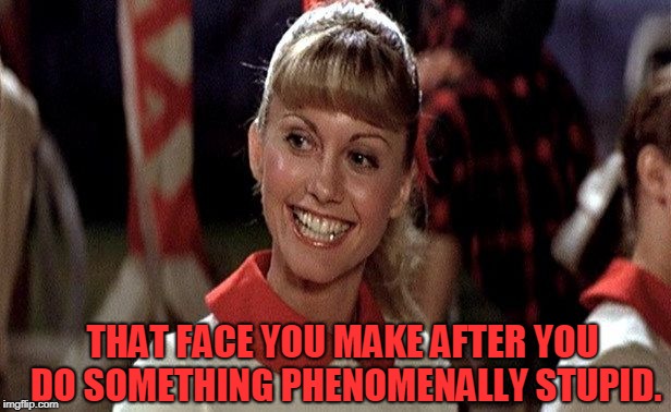 Sandra Dee Grease | THAT FACE YOU MAKE AFTER YOU DO SOMETHING PHENOMENALLY STUPID. | image tagged in sandra dee grease | made w/ Imgflip meme maker