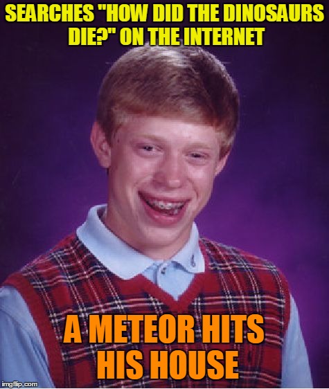 Bad Luck Brian Meme | SEARCHES "HOW DID THE DINOSAURS DIE?" ON THE INTERNET A METEOR HITS HIS HOUSE | image tagged in memes,bad luck brian | made w/ Imgflip meme maker