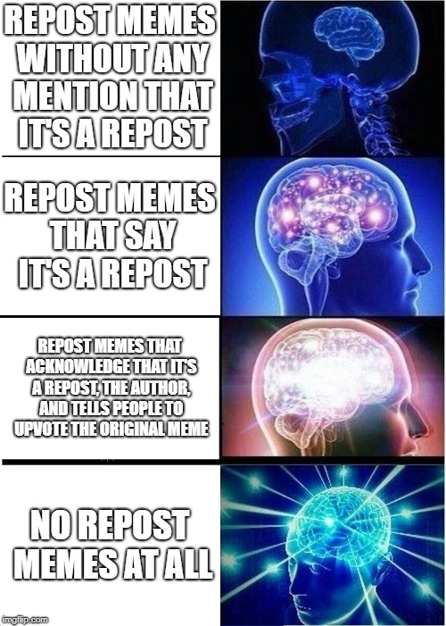 Expanding Brain | REPOST MEMES WITHOUT ANY MENTION THAT IT'S A REPOST; REPOST MEMES THAT SAY IT'S A REPOST; REPOST MEMES THAT ACKNOWLEDGE THAT IT'S A REPOST, THE AUTHOR, AND TELLS PEOPLE TO UPVOTE THE ORIGINAL MEME; NO REPOST MEMES AT ALL | image tagged in memes,expanding brain,doctordoomsday180,repost,reposts,meme | made w/ Imgflip meme maker