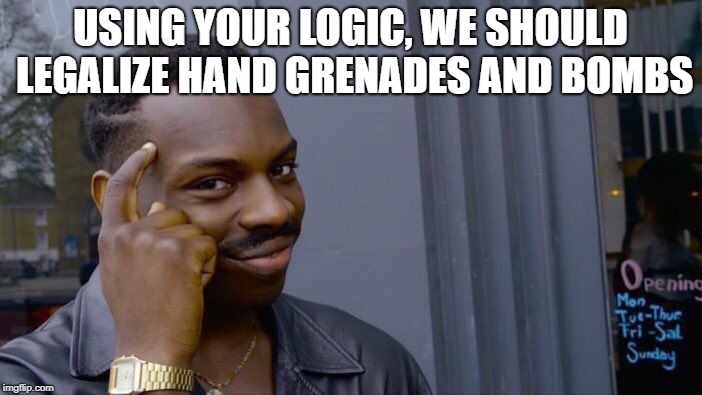 Roll Safe Think About It Meme | USING YOUR LOGIC, WE SHOULD LEGALIZE HAND GRENADES AND BOMBS | image tagged in memes,roll safe think about it | made w/ Imgflip meme maker