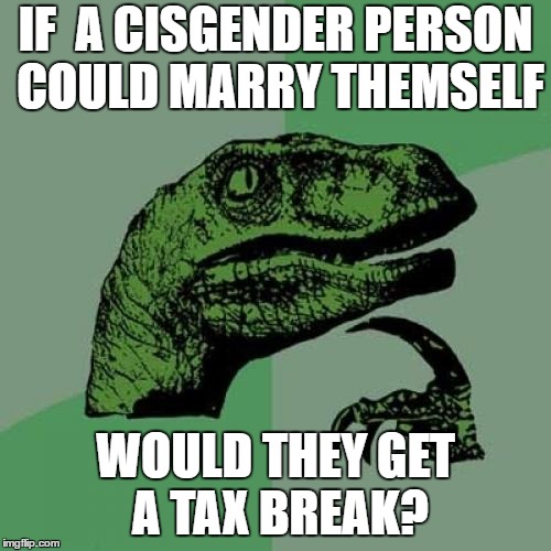 Cisgender raptor | IF  A CISGENDER PERSON COULD MARRY THEMSELF; WOULD THEY GET A TAX BREAK? | image tagged in memes,philosoraptor,cisgender,taxes | made w/ Imgflip meme maker