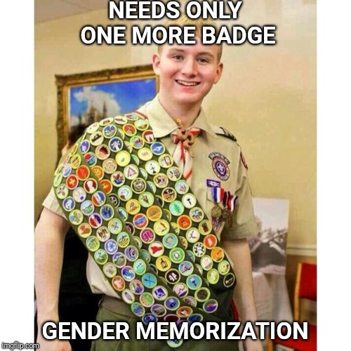 Boy Scout | NEEDS ONLY ONE MORE BADGE; GENDER MEMORIZATION | image tagged in boy scout,gender,genders | made w/ Imgflip meme maker