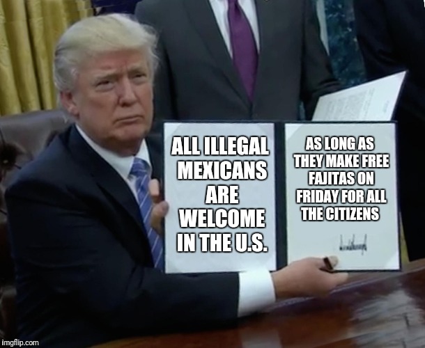 Trump Bill Signing | ALL ILLEGAL MEXICANS ARE WELCOME IN THE U.S. AS LONG AS THEY MAKE FREE FAJITAS ON FRIDAY FOR ALL THE CITIZENS | image tagged in memes,trump bill signing | made w/ Imgflip meme maker