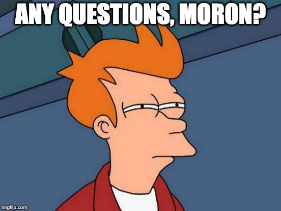 Futurama Fry Meme | ANY QUESTIONS, MORON? | image tagged in memes,futurama fry | made w/ Imgflip meme maker