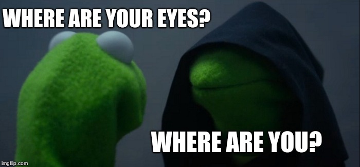 Evil Kermit | WHERE ARE YOUR EYES? WHERE ARE YOU? | image tagged in memes,evil kermit | made w/ Imgflip meme maker