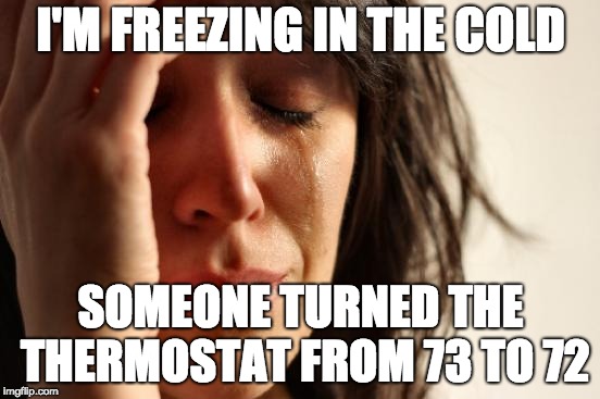 First world problems | I'M FREEZING IN THE COLD; SOMEONE TURNED THE THERMOSTAT FROM 73 TO 72 | image tagged in memes,first world problems | made w/ Imgflip meme maker