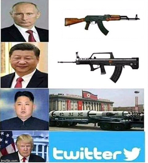 Powerful leaders and their weapons of mass destruction  | image tagged in donald trump,nukes,twitter,memes,trump twitter | made w/ Imgflip meme maker