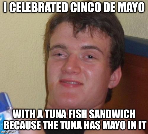 10 Guy Meme | I CELEBRATED CINCO DE MAYO; WITH A TUNA FISH SANDWICH BECAUSE THE TUNA HAS MAYO IN IT | image tagged in memes,10 guy | made w/ Imgflip meme maker