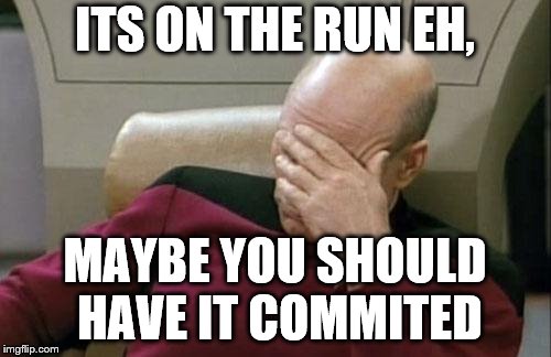 Captain Picard Facepalm Meme | ITS ON THE RUN EH, MAYBE YOU SHOULD HAVE IT COMMITED | image tagged in memes,captain picard facepalm | made w/ Imgflip meme maker