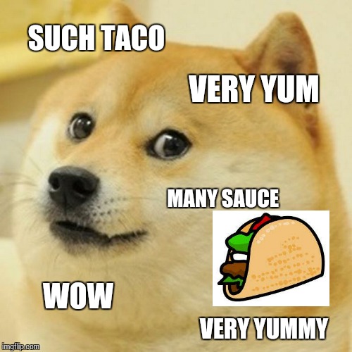 Doge Meme | SUCH TACO; VERY YUM; MANY SAUCE; WOW; VERY YUMMY | image tagged in memes,doge | made w/ Imgflip meme maker