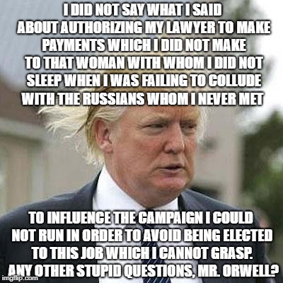 Donald Trump | I DID NOT SAY WHAT I SAID ABOUT AUTHORIZING MY LAWYER TO MAKE PAYMENTS WHICH I DID NOT MAKE TO THAT WOMAN WITH WHOM I DID NOT SLEEP WHEN I WAS FAILING TO COLLUDE WITH THE RUSSIANS WHOM I NEVER MET; TO INFLUENCE THE CAMPAIGN I COULD NOT RUN IN ORDER TO AVOID BEING ELECTED TO THIS JOB WHICH I CANNOT GRASP.   ANY OTHER STUPID QUESTIONS, MR. ORWELL? | image tagged in donald trump | made w/ Imgflip meme maker