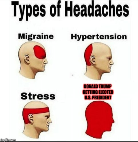 (Typical) Reaction to Trump's Election Victory | DONALD TRUMP GETTING ELECTED U.S. PRESIDENT | image tagged in types of headaches meme,donald trump,electoral college,memes | made w/ Imgflip meme maker