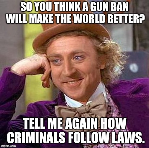 Creepy Condescending Wonka Meme | SO YOU THINK A GUN BAN WILL MAKE THE WORLD BETTER? TELL ME AGAIN HOW CRIMINALS FOLLOW LAWS. | image tagged in memes,creepy condescending wonka | made w/ Imgflip meme maker