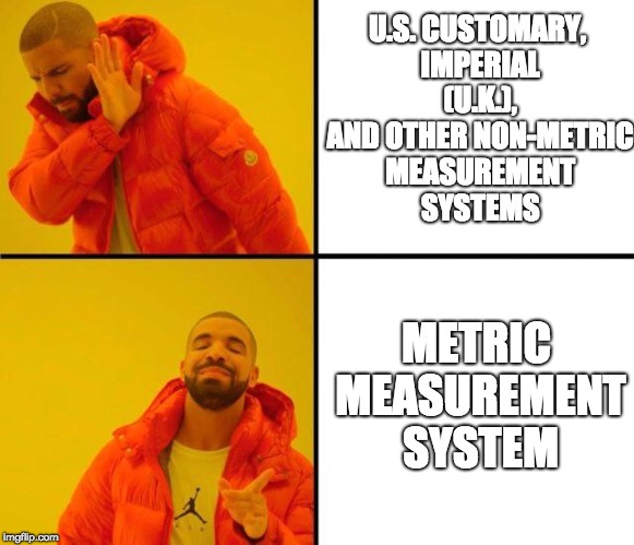 Non-Metric vs. Metric Measurement Systems | U.S. CUSTOMARY, IMPERIAL (U.K.), AND OTHER NON-METRIC MEASUREMENT SYSTEMS; METRIC MEASUREMENT SYSTEM | image tagged in drake meme,metric,non-metric,memes | made w/ Imgflip meme maker
