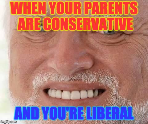 Political Parties | WHEN YOUR PARENTS ARE CONSERVATIVE; AND YOU'RE LIBERAL | image tagged in harold smiling,politics,memes | made w/ Imgflip meme maker