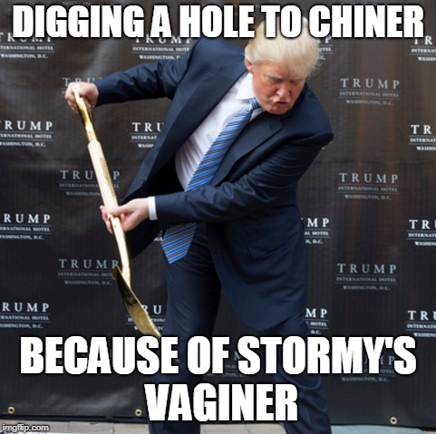 Digging a Hole to China | DIGGING A HOLE TO CHINER; BECAUSE OF STORMY'S VAGINER | image tagged in donald trump,trump,stormy daniels,president trump,melania trump,funny memes | made w/ Imgflip meme maker