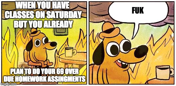 This is Fine (Blank) | WHEN YOU HAVE CLASSES ON SATURDAY BUT YOU ALREADY; FUK; PLAN TO DO YOUR 69 OVER DUE HOMEWORK ASSINGMENTS | image tagged in this is fine blank | made w/ Imgflip meme maker