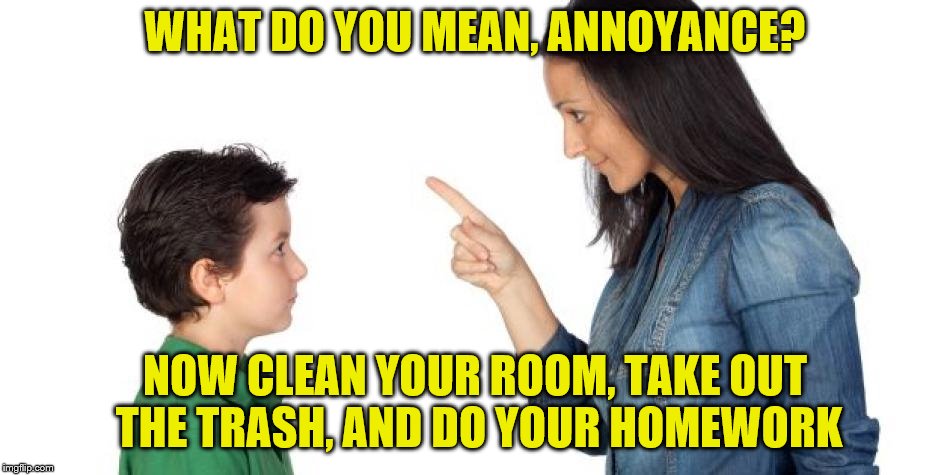 WHAT DO YOU MEAN, ANNOYANCE? NOW CLEAN YOUR ROOM, TAKE OUT THE TRASH, AND DO YOUR HOMEWORK | made w/ Imgflip meme maker