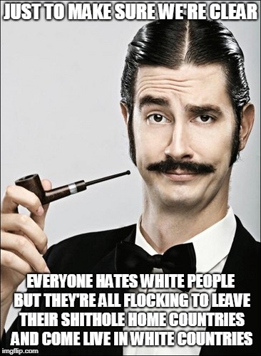 White Guy |  JUST TO MAKE SURE WE'RE CLEAR; EVERYONE HATES WHITE PEOPLE BUT THEY'RE ALL FLOCKING TO LEAVE THEIR SHITHOLE HOME COUNTRIES AND COME LIVE IN WHITE COUNTRIES | image tagged in white guy | made w/ Imgflip meme maker