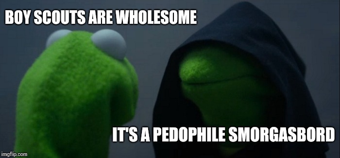Evil Kermit Meme | BOY SCOUTS ARE WHOLESOME IT'S A PEDOPHILE SMORGASBORD | image tagged in memes,evil kermit | made w/ Imgflip meme maker