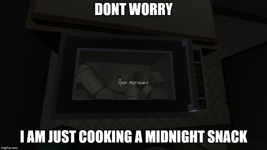 Micromeal Mayhem | DONT WORRY; I AM JUST COOKING A MIDNIGHT SNACK | image tagged in microwave oven,cooking,snack,midnight,microwave,cans | made w/ Imgflip meme maker