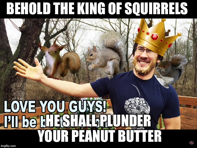 King of squirrels  | BEHOLD THE KING OF SQUIRRELS; HE SHALL PLUNDER YOUR PEANUT BUTTER | image tagged in making memes | made w/ Imgflip meme maker