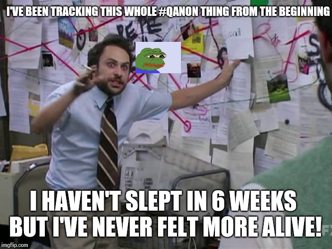 Pepe Sylvia | I'VE BEEN TRACKING THIS WHOLE #QANON THING FROM THE BEGINNING; I HAVEN'T SLEPT IN 6 WEEKS BUT I'VE NEVER FELT MORE ALIVE! | image tagged in pepe sylvia | made w/ Imgflip meme maker