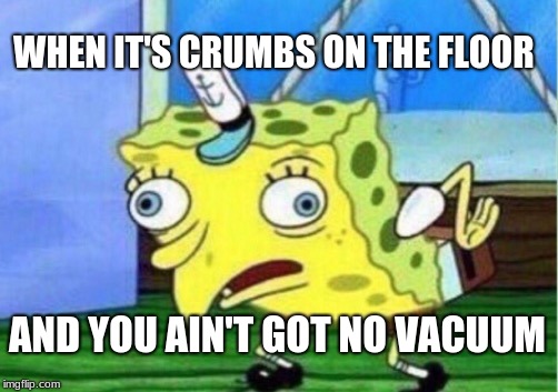 Mocking Spongebob Meme | WHEN IT'S CRUMBS ON THE FLOOR; AND YOU AIN'T GOT NO VACUUM | image tagged in memes,mocking spongebob | made w/ Imgflip meme maker