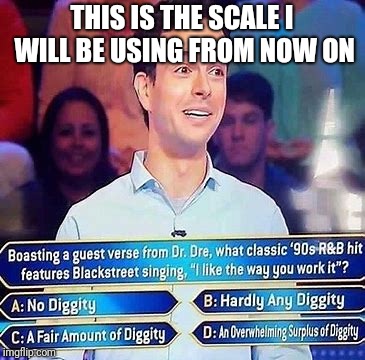 No diggity | THIS IS THE SCALE I WILL BE USING FROM NOW ON | image tagged in memes,funny,diggity,funny memes | made w/ Imgflip meme maker