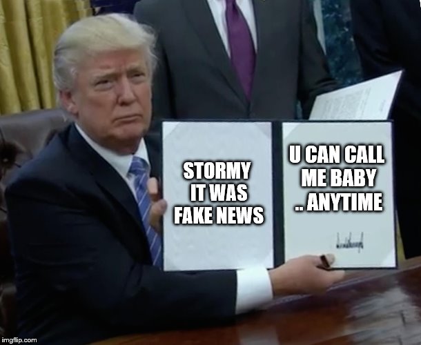 Trump Bill Signing | STORMY IT WAS FAKE NEWS; U CAN CALL ME BABY .. ANYTIME | image tagged in memes,trump bill signing | made w/ Imgflip meme maker