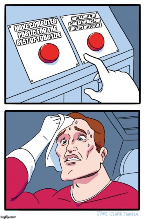 Two Buttons Meme | NOT BE ABLE TO LOOK AT MEMES FOR THE REST OF YOU LIFE; MAKE COMPUTER PUBLIC FOR THE REST OF YOUR LIFE | image tagged in memes,two buttons | made w/ Imgflip meme maker
