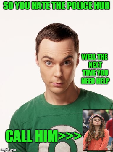 Sheldon logic | SO YOU HATE THE POLICE HUH; WELL THE NEXT TIME YOU NEED HELP; CALL HIM>>> | image tagged in sheldon cooper,college liberal | made w/ Imgflip meme maker