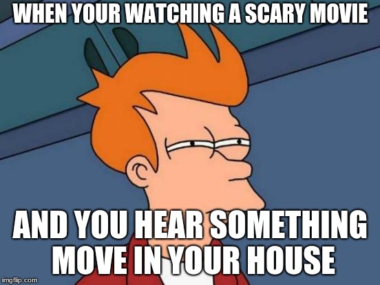 Futurama Fry | WHEN YOUR WATCHING A SCARY MOVIE; AND YOU HEAR SOMETHING MOVE IN YOUR HOUSE | image tagged in memes,futurama fry | made w/ Imgflip meme maker