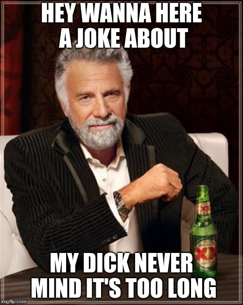 The Most Interesting Man In The World | HEY WANNA HERE A JOKE ABOUT; MY DICK NEVER MIND IT'S TOO LONG | image tagged in memes,the most interesting man in the world | made w/ Imgflip meme maker