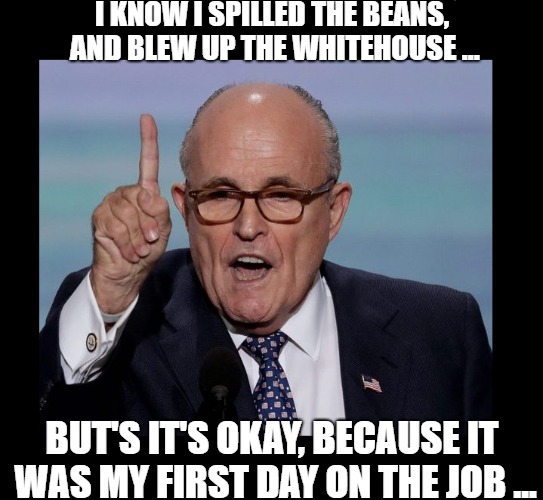 With FRIENDS like these ... | I KNOW I SPILLED THE BEANS, AND BLEW UP THE WHITEHOUSE ... BUT'S IT'S OKAY, BECAUSE IT WAS MY FIRST DAY ON THE JOB ... | image tagged in donald trump,rudy giuliani,oops | made w/ Imgflip meme maker